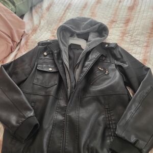 Men's Black Bomber Jacket with Removable Hood Size Large